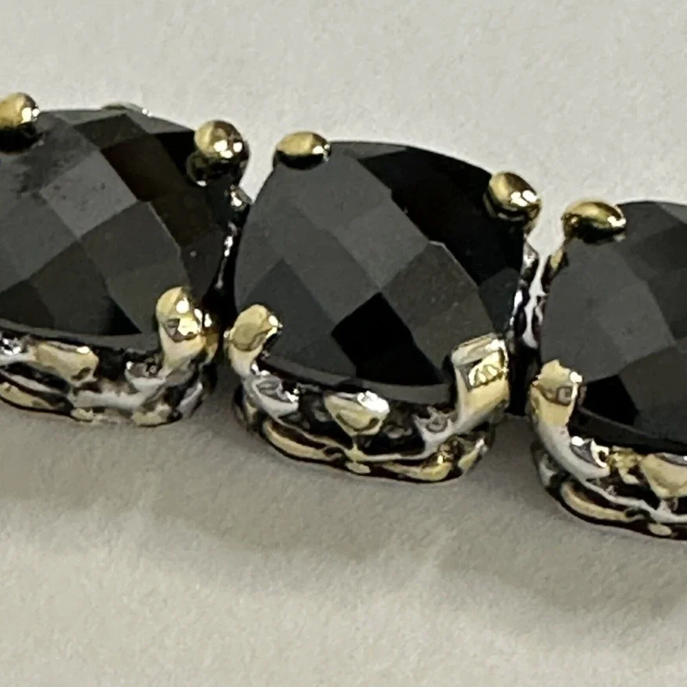 Bracelet Black Faceted Tennis Style Two Toned Safety Clasp IJDI China 925 Marked - Picture 10 of 13